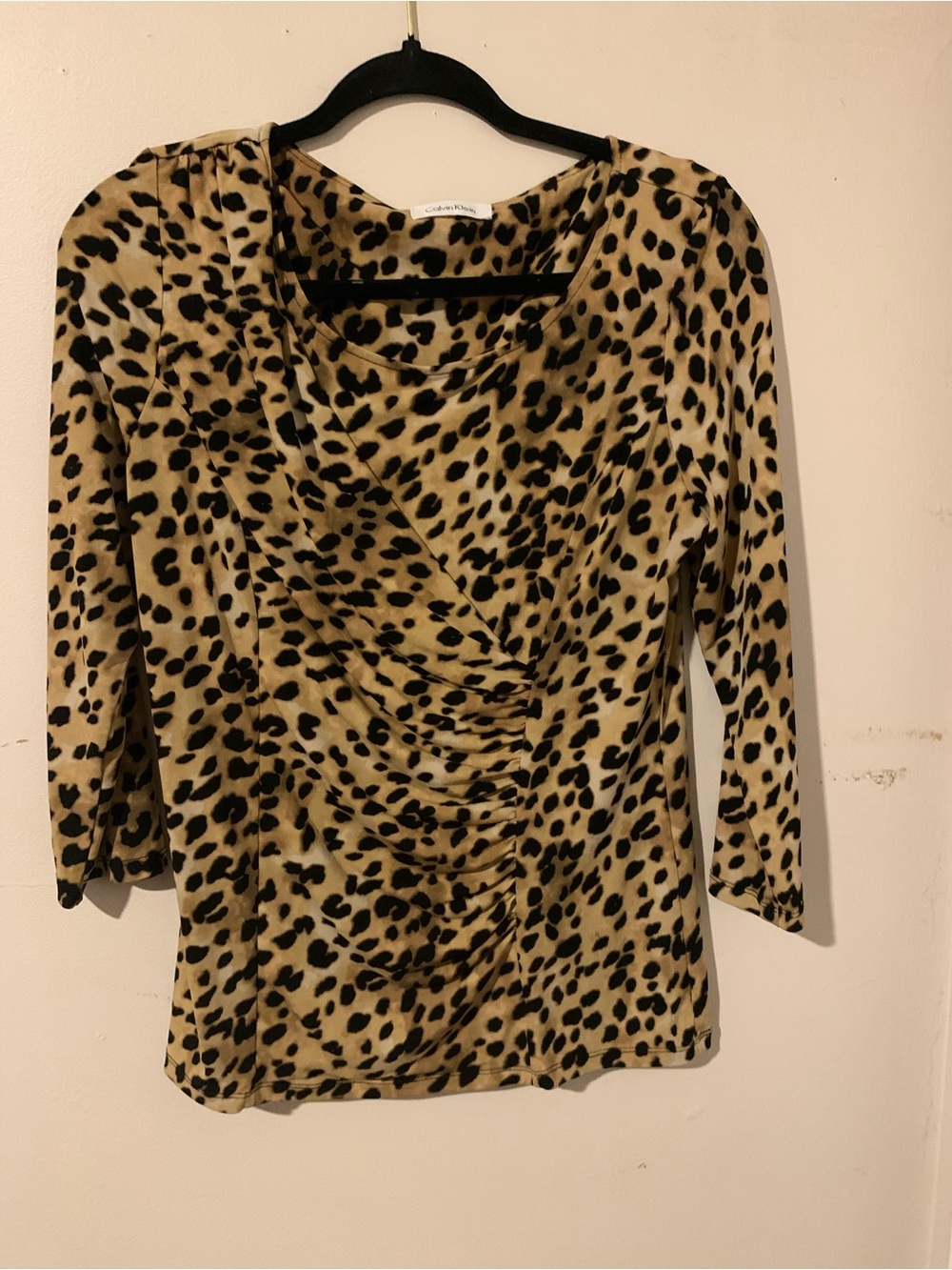 Calvin Klein Leopard-Print Ruched Beige and Black Blouse